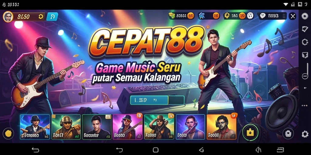 Tampilan gameplay seru dalam aplikasi CEPAT88 yang penuh musik.