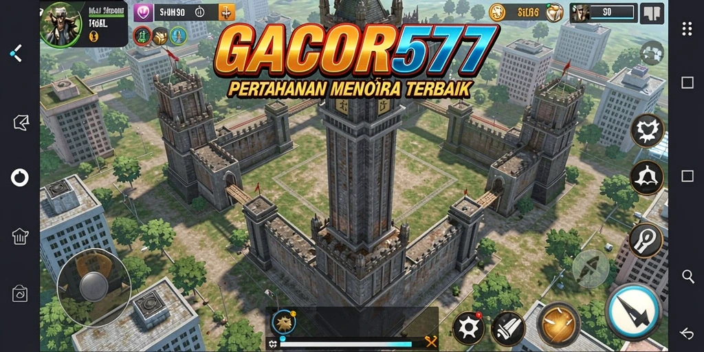 Tampilan gameplay GACOR577 dengan menara yang megah dan musuh yang menyerang.