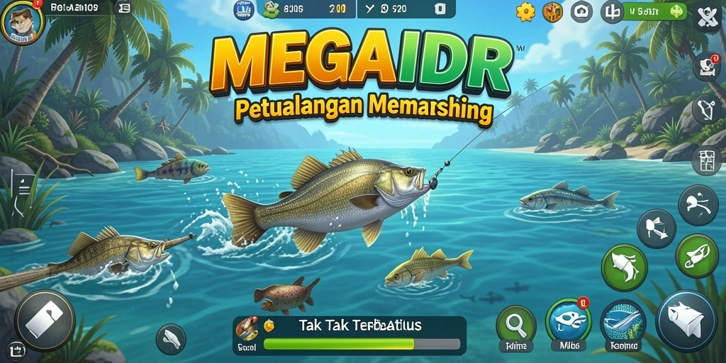 Screenshot gameplay MEGAIDR yang menampilkan aktivitas memancing yang seru.