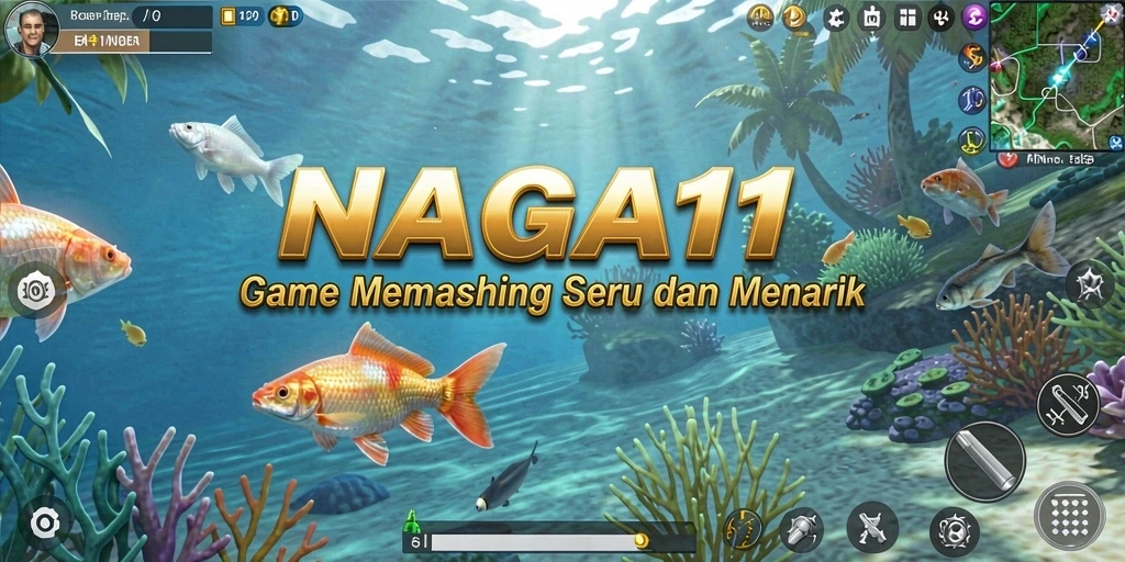Screenshot NAGA11 menampilkan momen seru saat memancing ikan di danau yang indah.