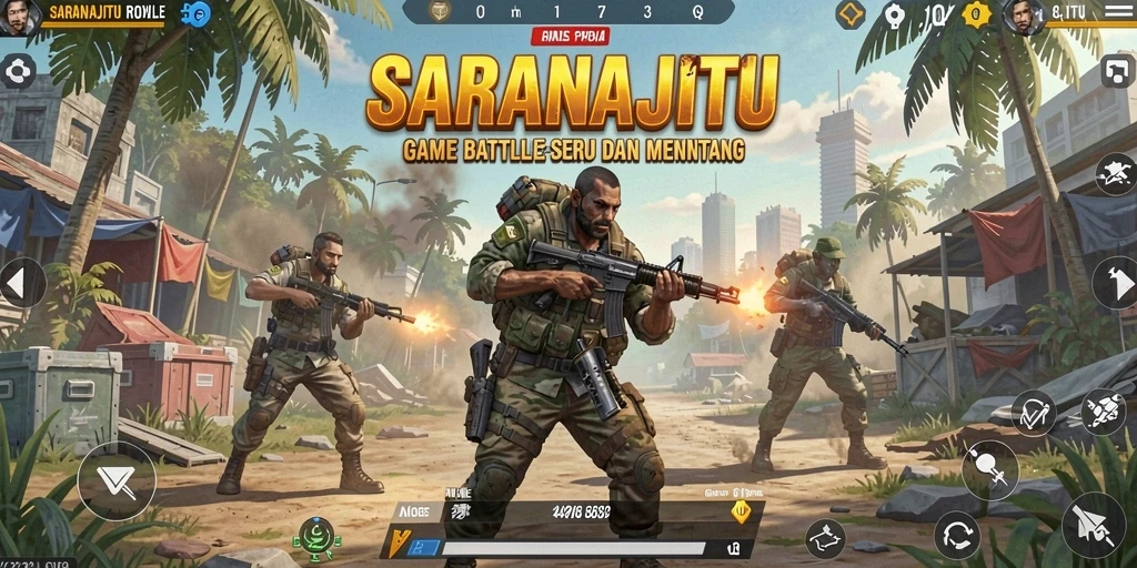 Tangkapan layar utama SARANAJITU menampilkan aksi mendebarkan di medan perang Battle Royale.