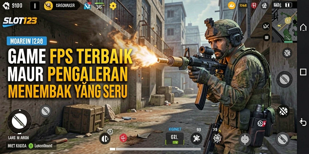 Screenshot utama SLOT123 menampilkan aksi menembak yang intens di dunia game FPS.